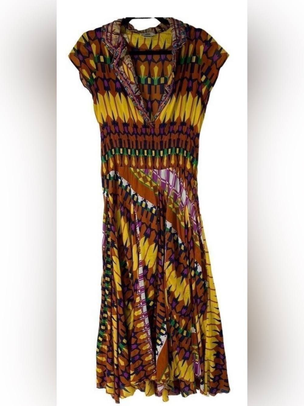 Sandy Starkman Colorful Boho Beaded Detail Midi Dress‎ Sz S Women